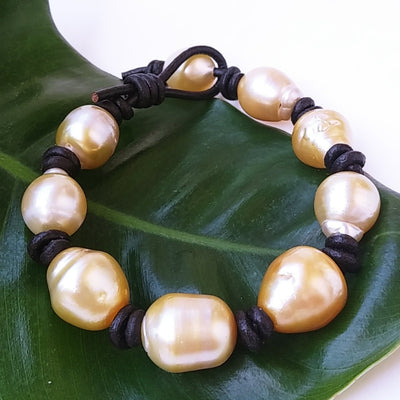 "Queen Of The South" Bracelet - South Sea Golden Pearls, Leather