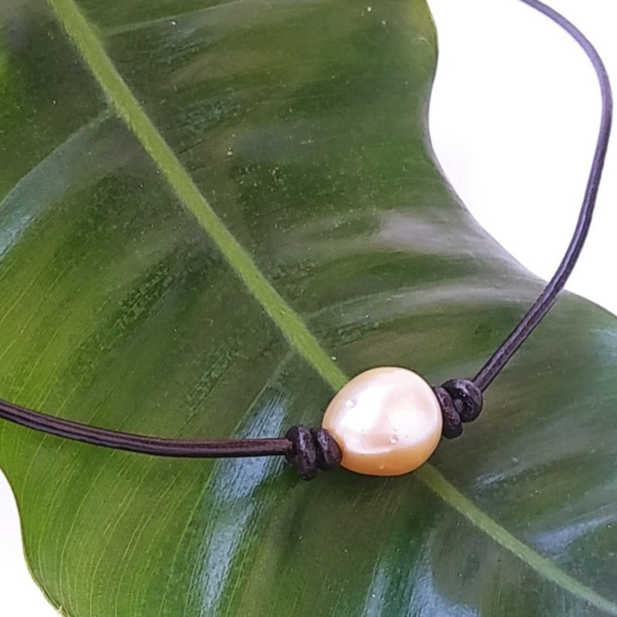 "Goin' South" 16" Necklace - South Sea Golden Pearl, Leather