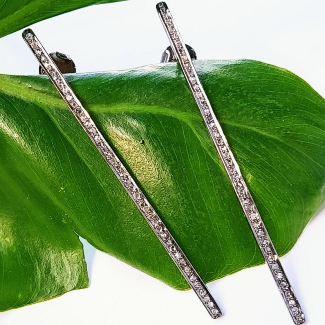 "Chop Sticks" 2.75" Earrings - 'Raw' Diamonds, Oxidized Sterling