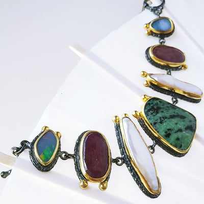 "Sticks & Stones" 6.5"-7" Bracelet - Ruby, Zoisite, Opal, Sapphire, Stick Pearls, Black Sterling, 18k