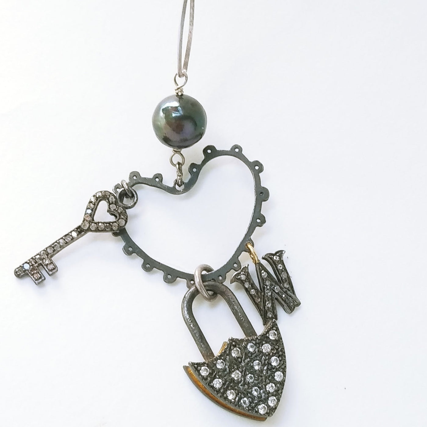 "I Heart Key West" 2.75" Pendant Necklace - Pearl, Diamonds, White Topaz, Black Sterling, 18K Accents