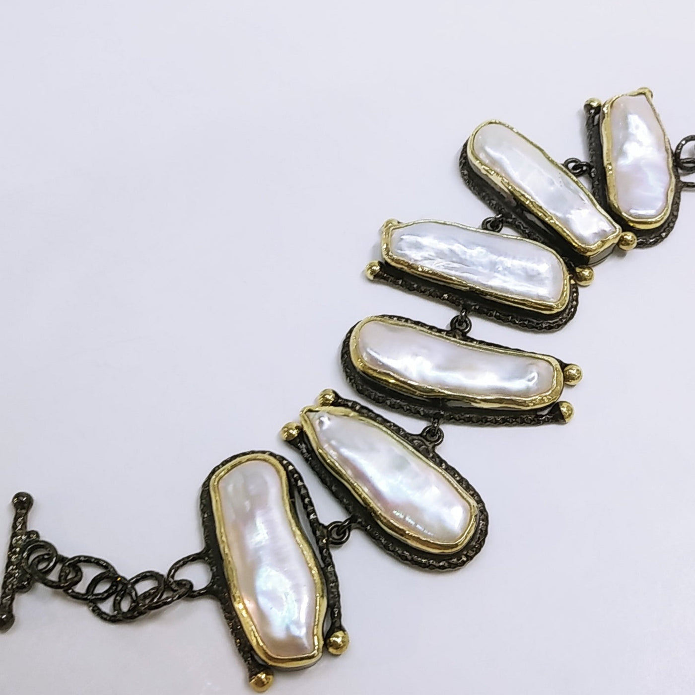 "Stairway to Heaven" 7-8" Bracelet - Stick Pearls Black Sterling, 18K