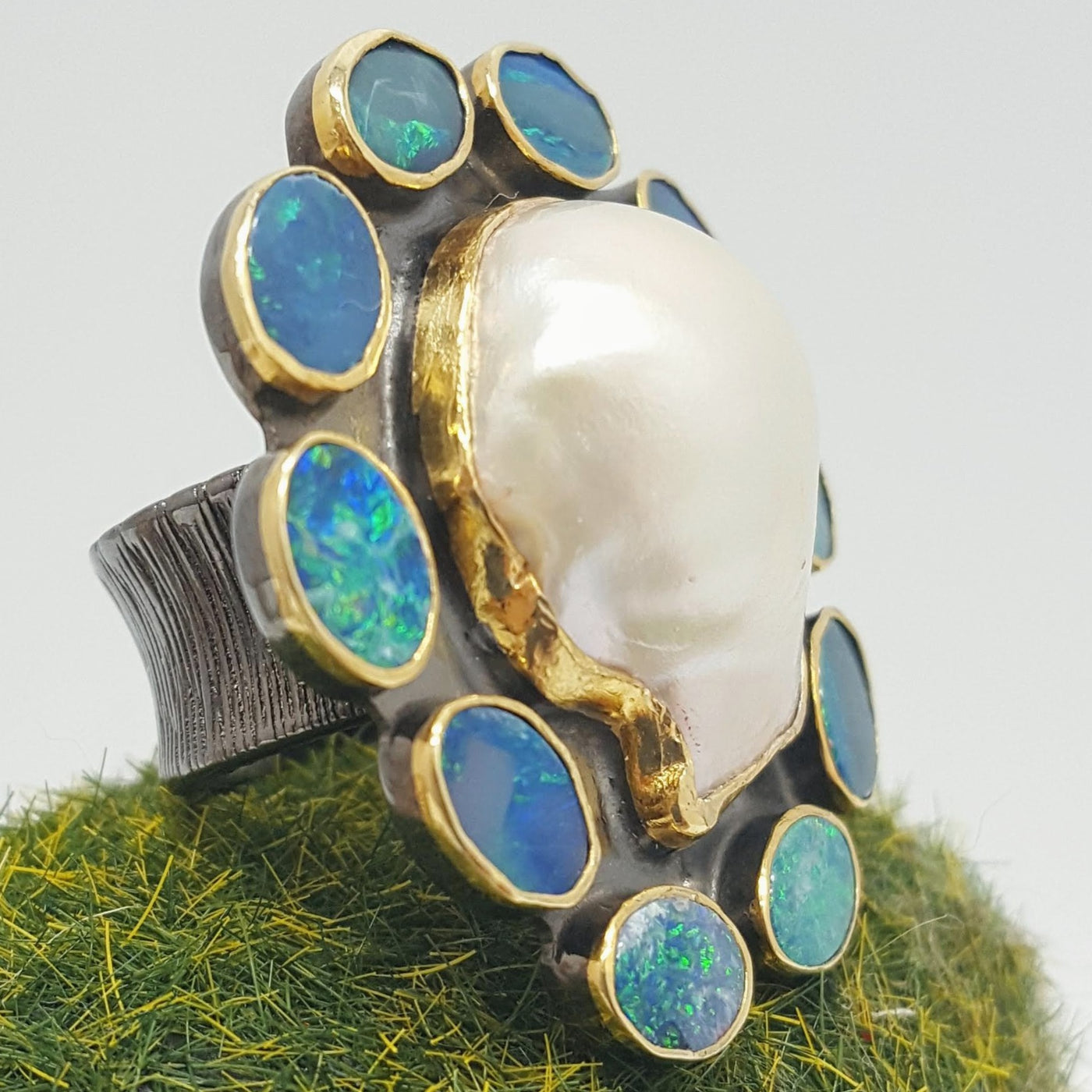 "That Ring!" Sz 6 Ring - Baroque Pearl, Opal, Black Sterling, 18K Accents