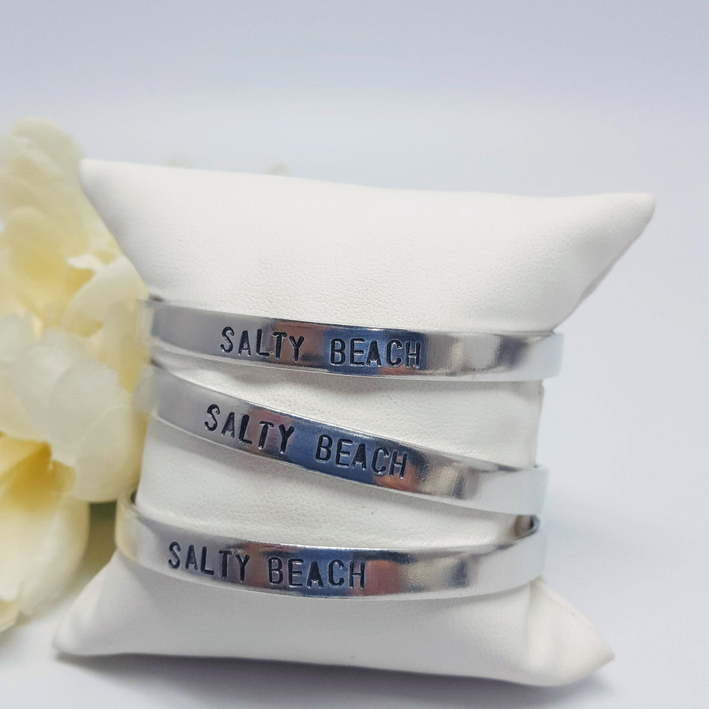 "Salty Beach!" - Cuff Bracelet - Hand-stamped, Non-Tarnishing Aluminum