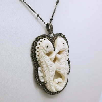 "Kiss Me, Baby!" Pendant Necklace - Carved Bone, Raw Diamonds, Oxidized Sterling