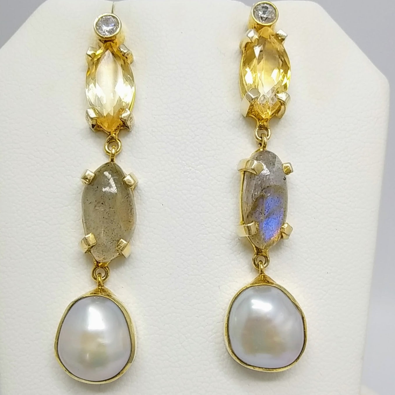 "Gold Stars Over a Silver Moon" -Citrine Labradorite and Pearl Post Dangle Earrings