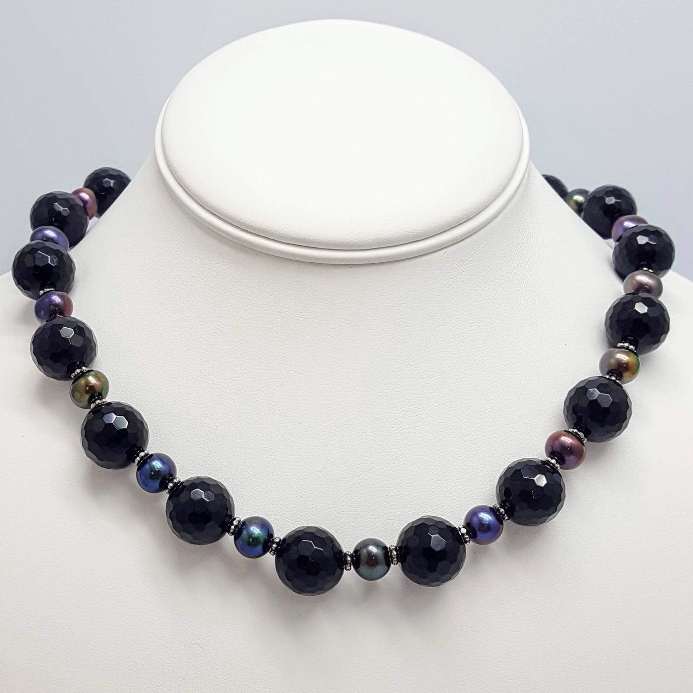 "Perfect Black" 18" Necklace - Faceted Onyx, Peacock Pearls, Sterling