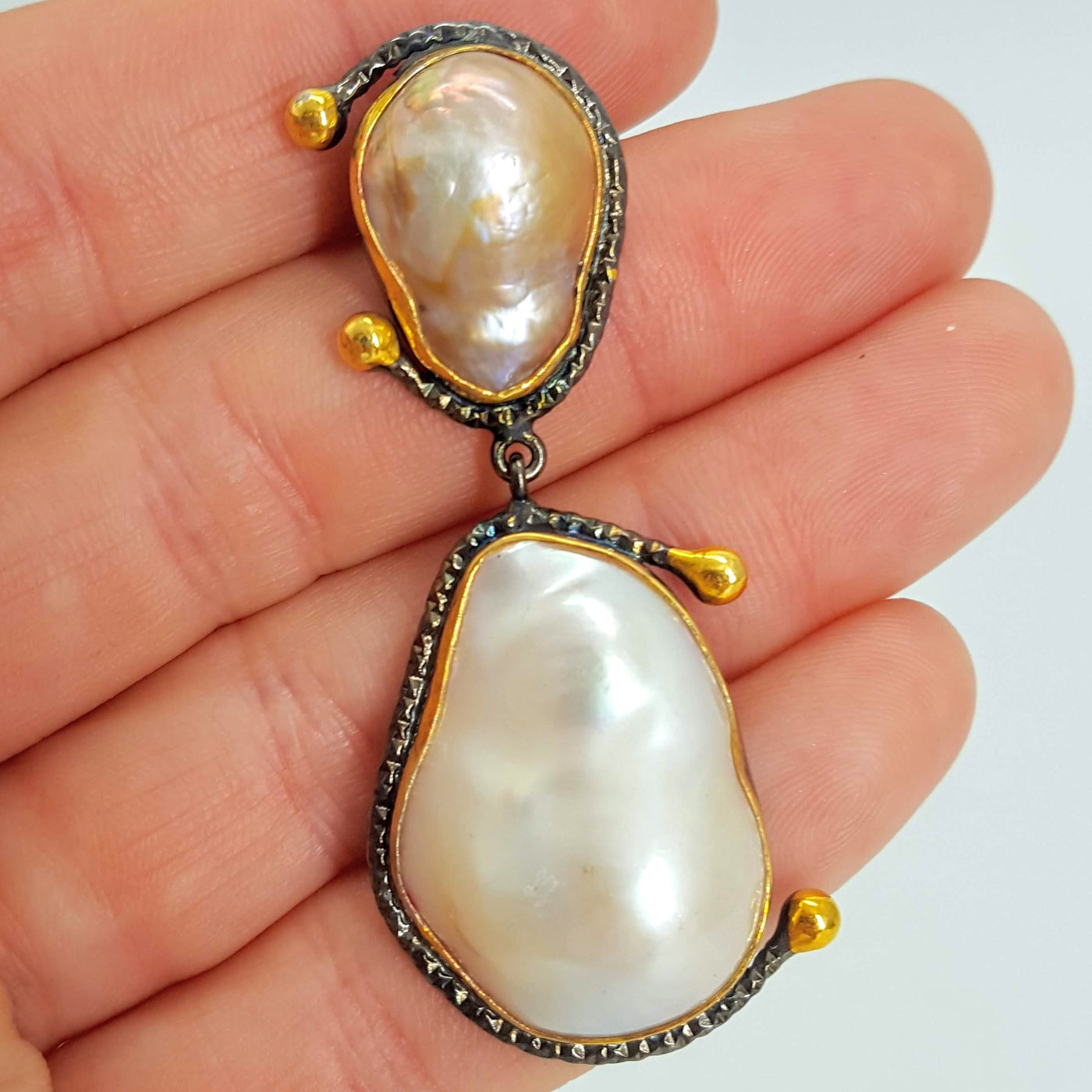 "Baroque Halfsies" 2" Earrings - Halved Baroque Pearls, Black Sterling, 18k