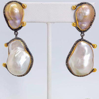 "Baroque Halfsies" 2" Earrings - Halved Baroque Pearls, Black Sterling, 18k