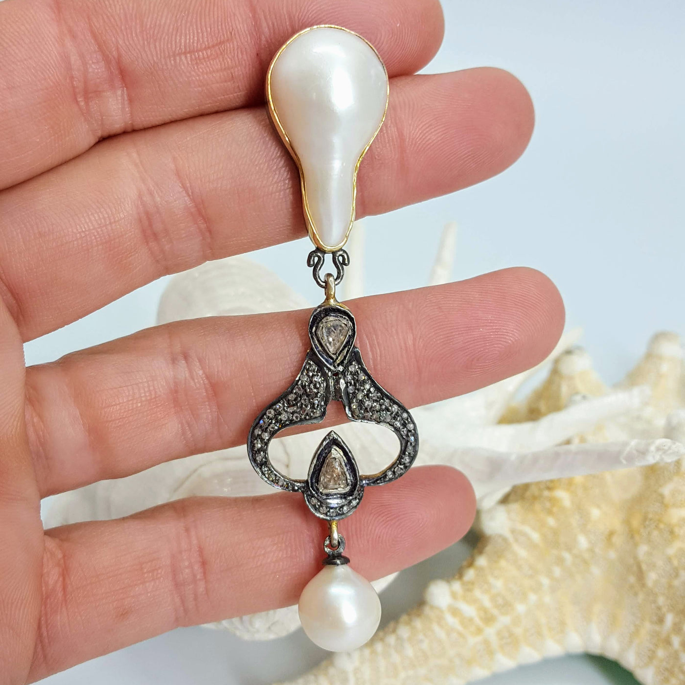 "La Belle Époque" 3" Earrings - Baroque Pearls, Diamonds, Sterling, 18k Accents