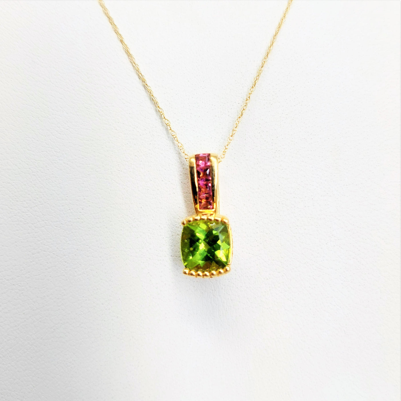 "Pink and Peridot" Pendant Necklace - Peridot, Pink Sapphire, 14k gold
