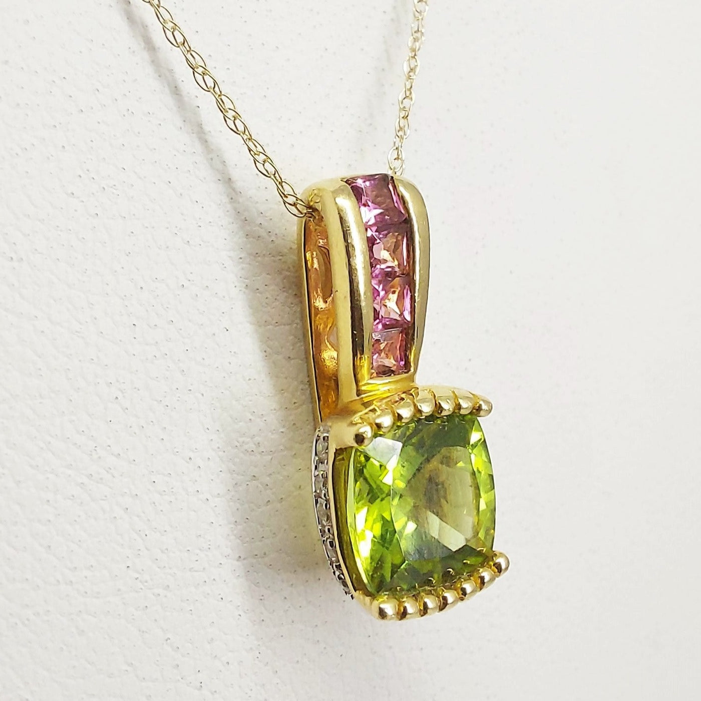 "Pink and Peridot" Pendant Necklace - Peridot, Pink Sapphire, 14k gold