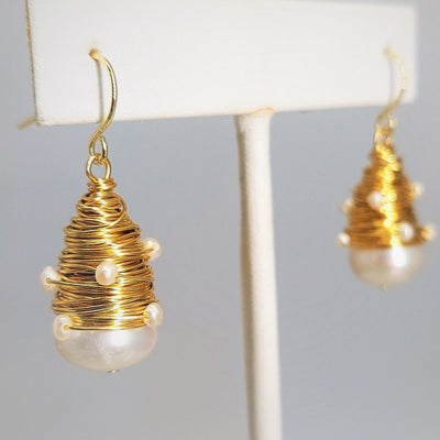 "Birds Nest" 1.5" Earrings - White Pearl, Gold-filled, wire-wrapped, gold sterling French Hook