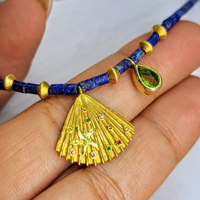 "Sea Fan" Up to 17" Necklace - Lapis Lazuli, Peridot, Ruby, White Sapphire, Emerald, Mandarin Garnet, Tourmaline, Sterling, 18k