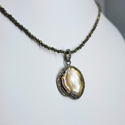 "Gold Dust" Pendant Necklace - Gold Hematite, Coin Pearl, Diamond, Sterling