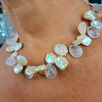 "Petals" Necklace - Rose Quartz, Keishi 'Petal' Pearls, Gold-washed Silver