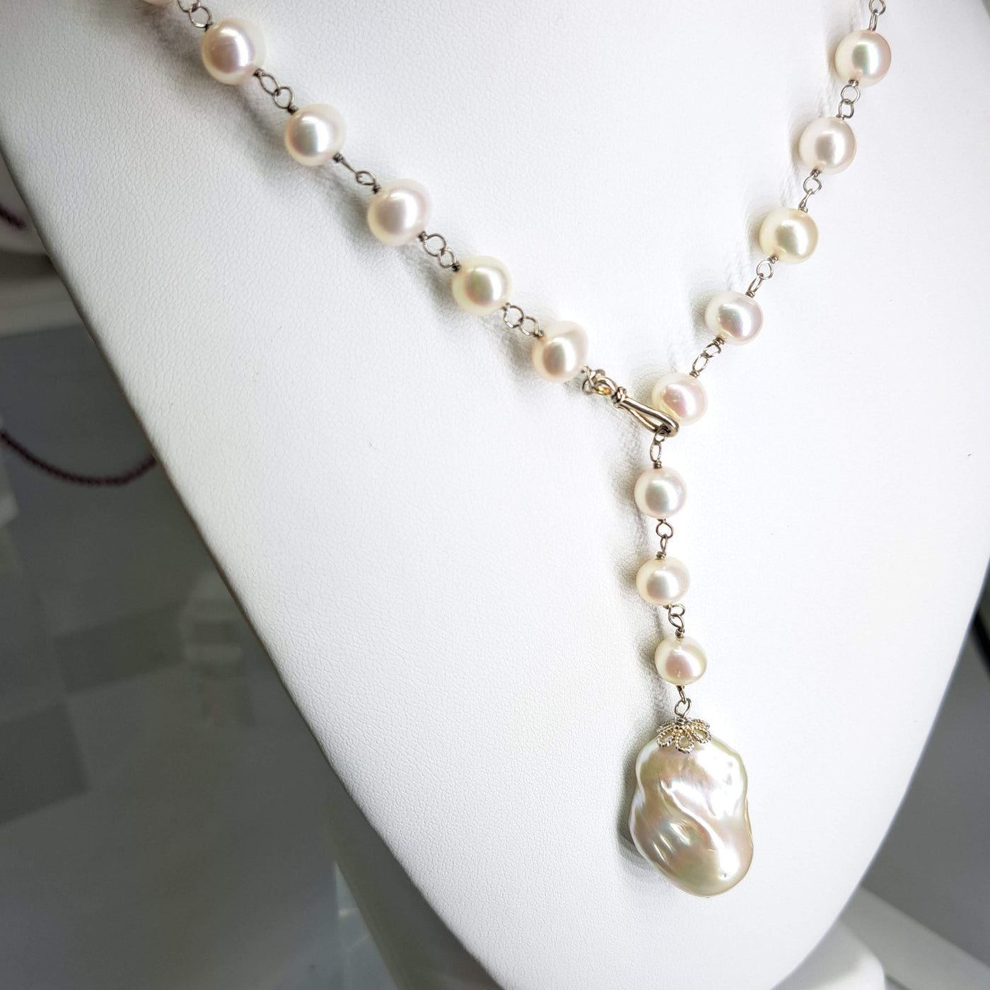 "Goin' for Baroque" Pendant Necklace - White Baroque, Hand-Rosary-Knotted Pearl Lariat, Sterling