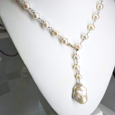 "Goin' for Baroque" Pendant Necklace - White Baroque, Hand-Rosary-Knotted Pearl Lariat, Sterling