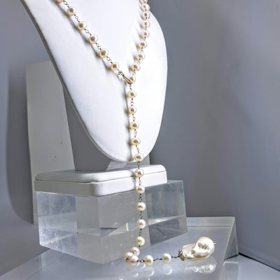 "Goin' for Baroque" Pendant Necklace - White Baroque, Hand-Rosary-Knotted Pearl Lariat, Sterling