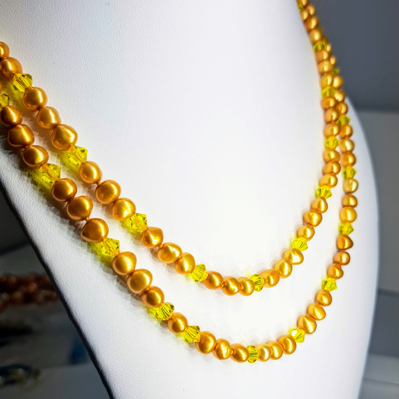 "Gold Drops" Necklace - Golden Pearls, Swarovski Crystals