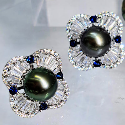"Polynesian Treasure" Earrings - Tahitian Pearl, Sapphire, Swarovski, Sterling