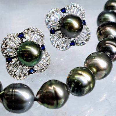 "Polynesian Treasure" Earrings - Tahitian Pearl, Sapphire, Swarovski, Sterling