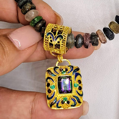 "Imperial Mystic" Pendant Necklace - Qing Dynasty Style, Mystic Topaz, Enamel, 22k Gold Sterling, Tourmaline Strand
