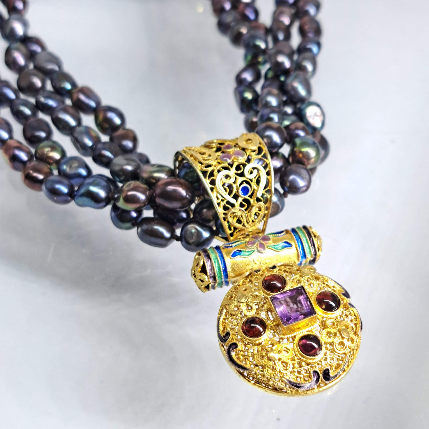 "Imperial Fruit" Pendant Necklace - Qing Dynasty Style, Garnet, Amethyst, Enamel, 22k Gold Sterling