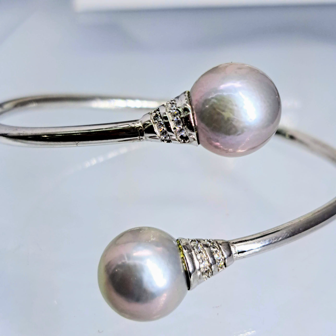 "Double Bubble" Hinged Cuff Bracelet - 13mm Edison Pearls, Topaz, Sterling