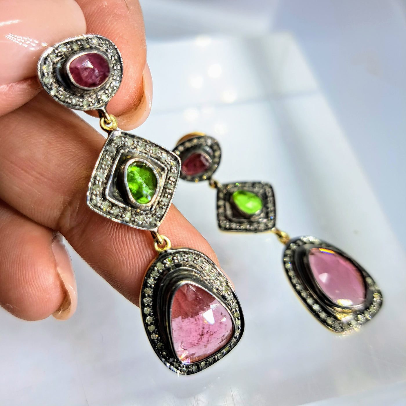 "Triple Dare Darlings!" 2.25" Earrings - Pink and Green Tourmaline, Ruby, Raw Diamonds, Black Sterling & 18k