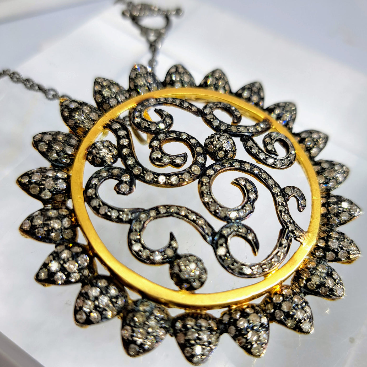 "Diamond Rays"  Pendant Necklace - Diamonds, Gold Sterling