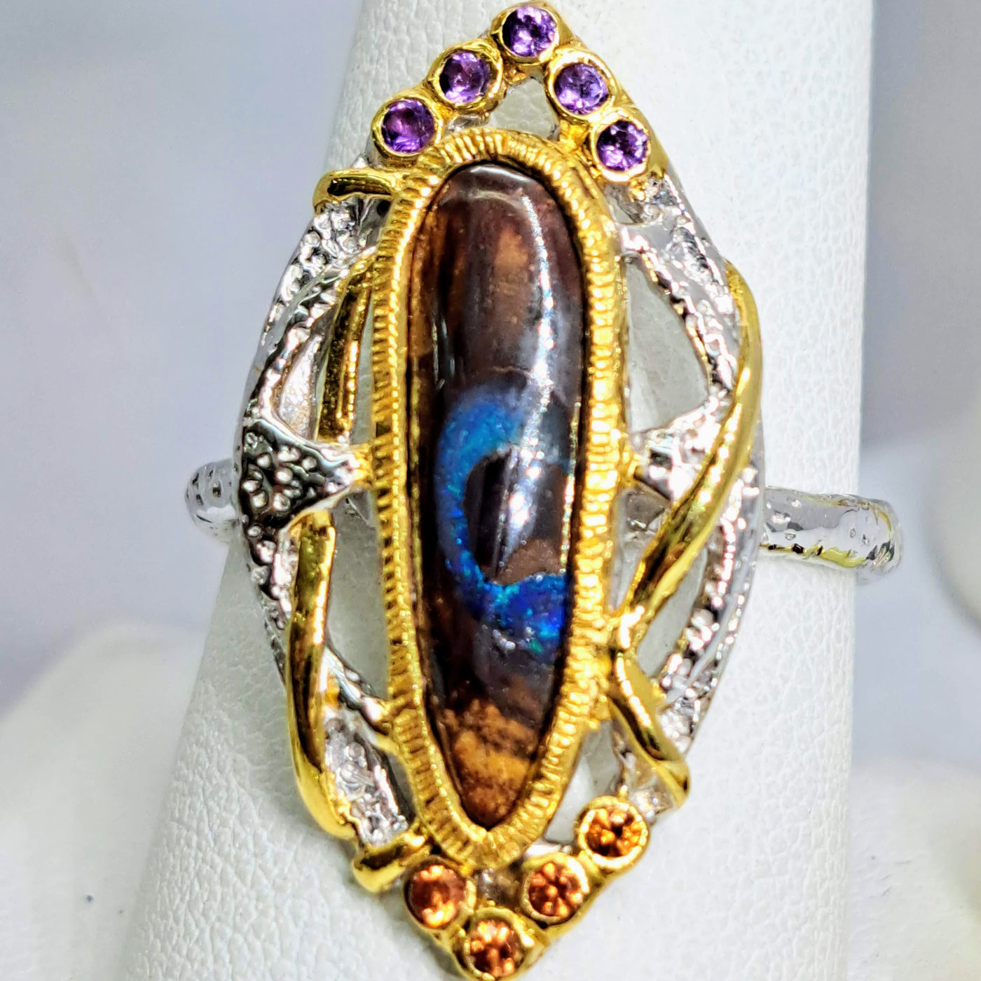 "Swellegant!" Ring - Boulder Opal, Sapphire, Amethyst, Sterling, 18K Gold