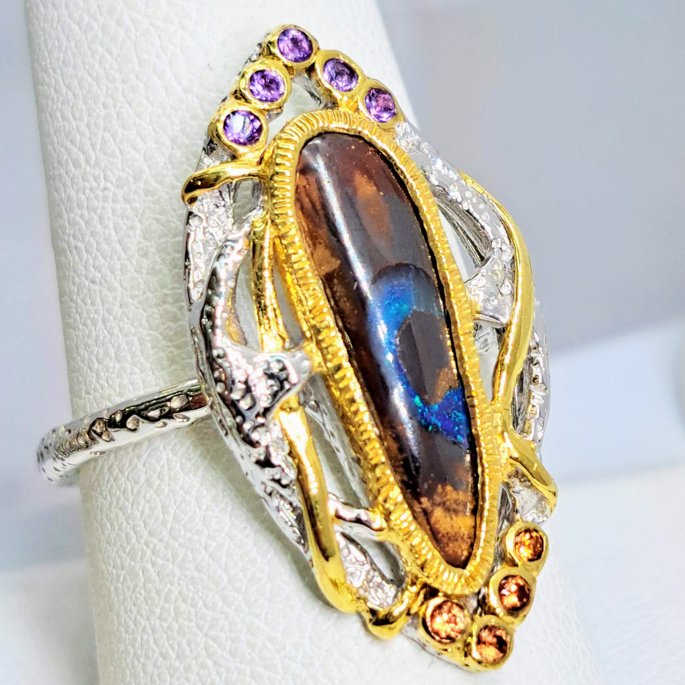 "Swellegant!" Ring - Boulder Opal, Sapphire, Amethyst, Sterling, 18K Gold