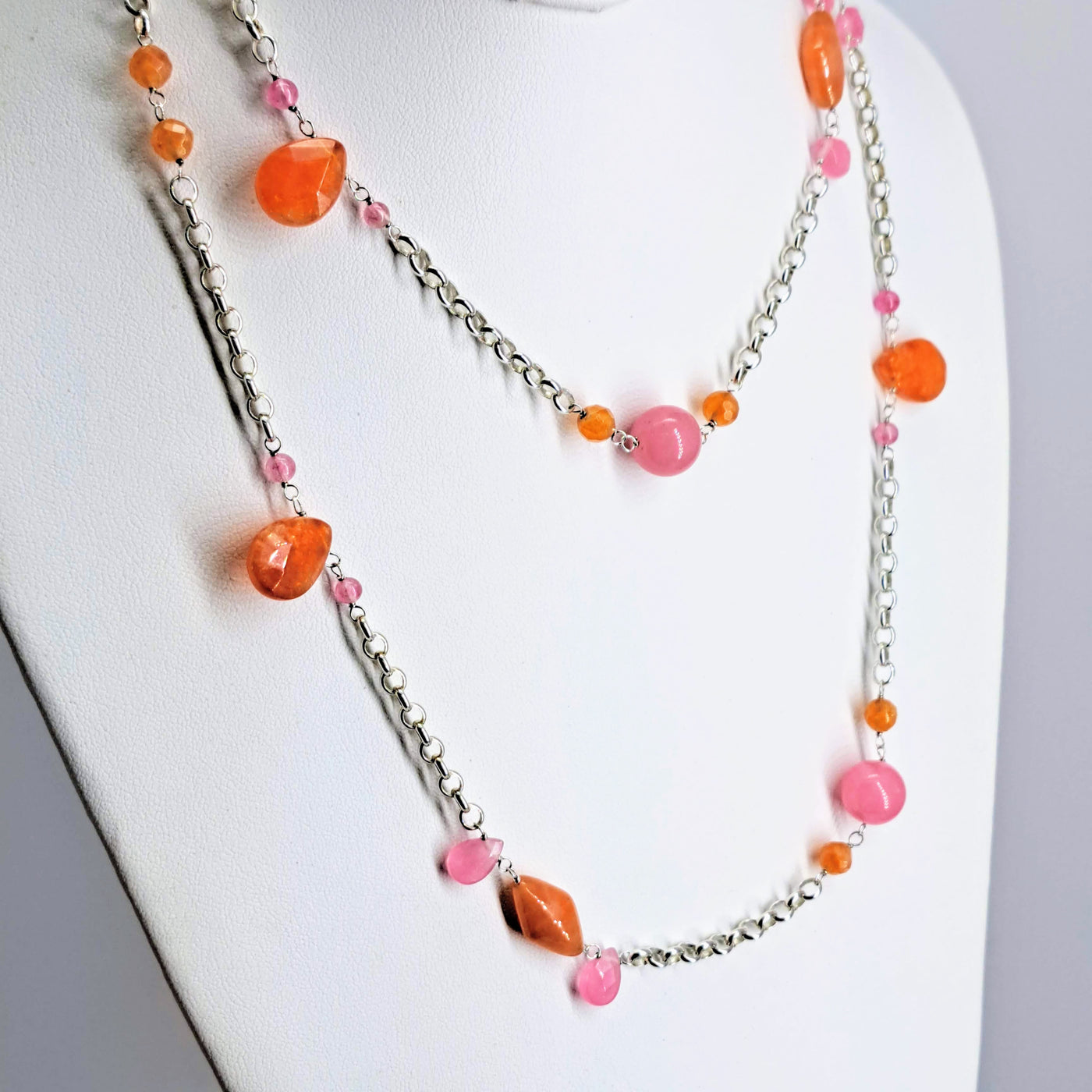 "Bubble-Licious" 38" Necklace - Pink Chalcedony, Peach Aventurine, Sterling