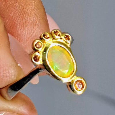 "Effervescent!" Ring - Welo Opal, Mandarin Sapphire, Anti-tarnish Sterling,18k