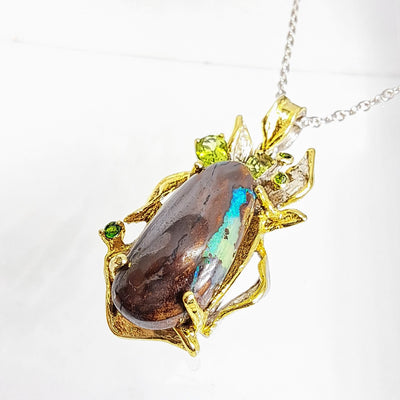 "Earthly Delights" Pendant Necklace - Opal Replaced Petrified Wood, Peridot, Chrome Diopside, 18k Gold, Anti-Tarnish Sterling