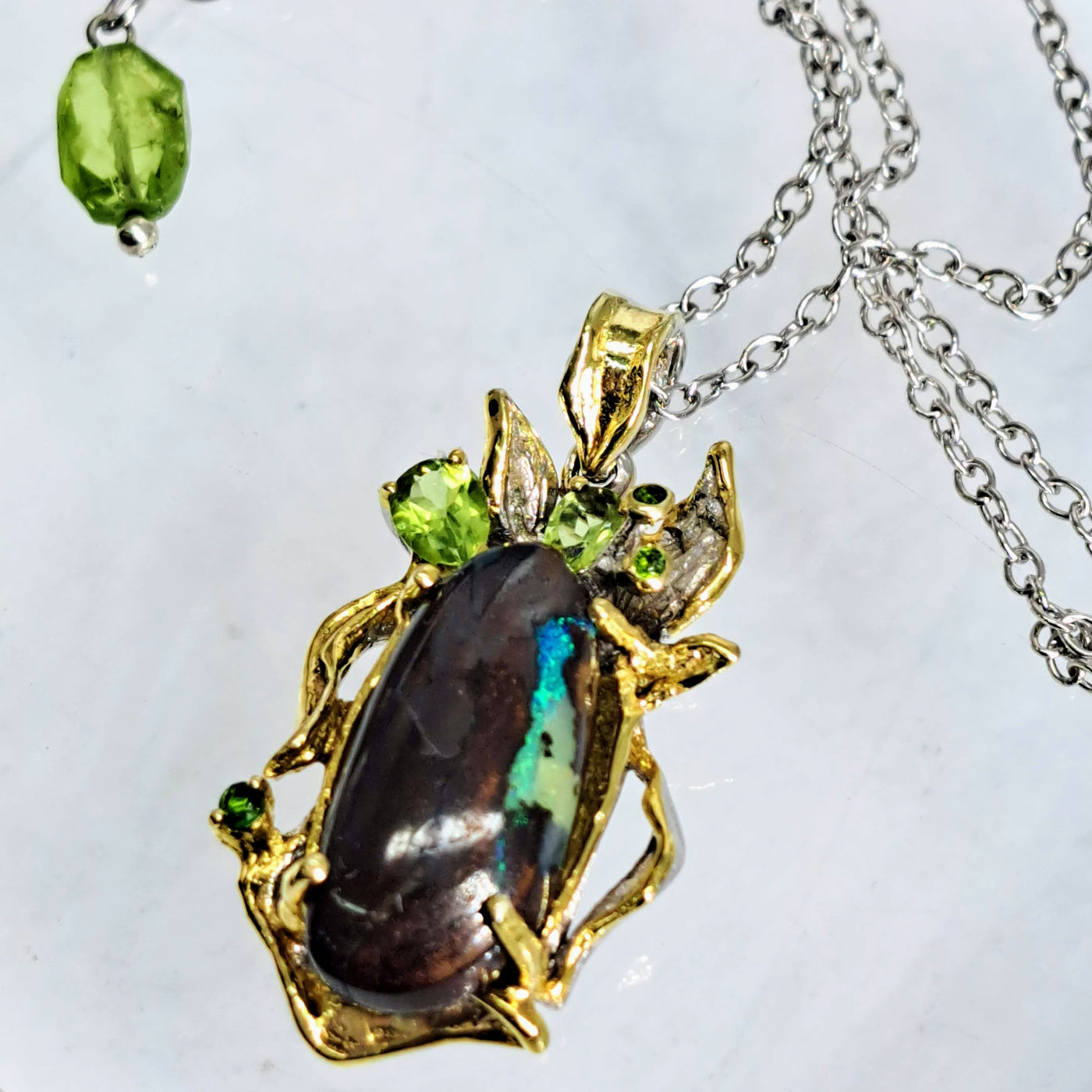 "Earthly Delights" Pendant Necklace - Opal Replaced Petrified Wood, Peridot, Chrome Diopside, 18k Gold, Anti-Tarnish Sterling