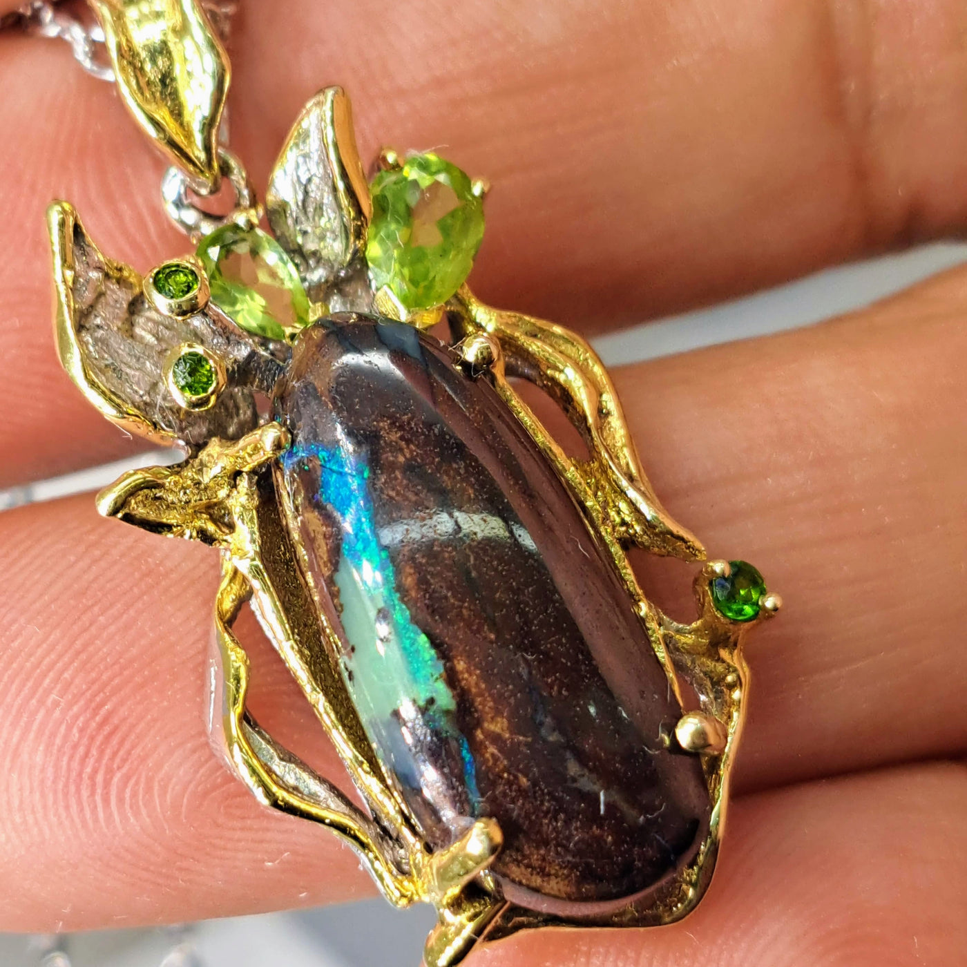 "Earthly Delights" Pendant Necklace - Opal Replaced Petrified Wood, Peridot, Chrome Diopside, 18k Gold, Anti-Tarnish Sterling