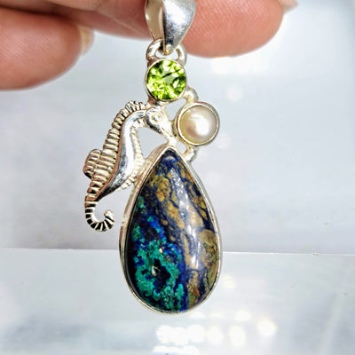 "Azure WISH!" Pendant Necklace - Malachite Azurite, Peridot, Pearl, Sterling