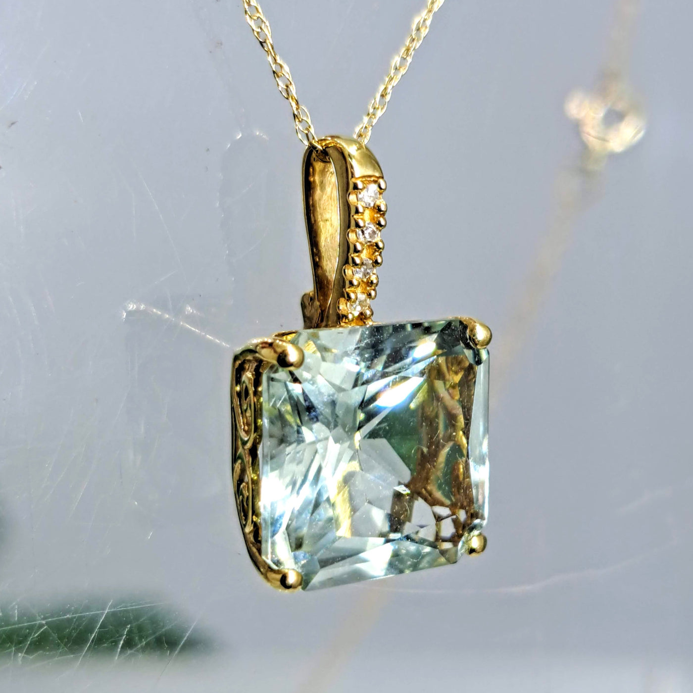 "Seafoam Sweetheart" Pendant Necklace - Prasiolite, Diamonds,14k gold