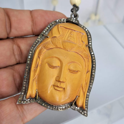 "OHhhhm My BUDDHA!" Pendant Necklace - Carved Wood, Diamonds, Sterling