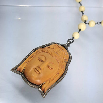 "OHhhhm My BUDDHA!" Pendant Necklace - Carved Wood, Diamonds, Sterling