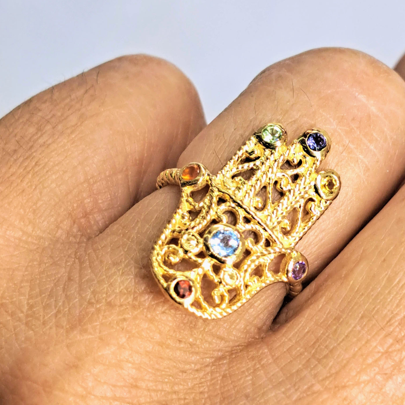 "Hand Over Fist" Sz 7 Ring - Fire Opal, Peridot, Iolite, Citrine, Amethyst, Topaz, Garnet, Gold Sterling