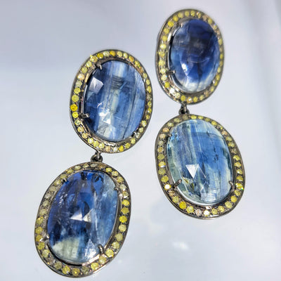 "Blue Velvet" Earrings - Natural Sapphire, "Raw" Canary Diamonds, Sterling