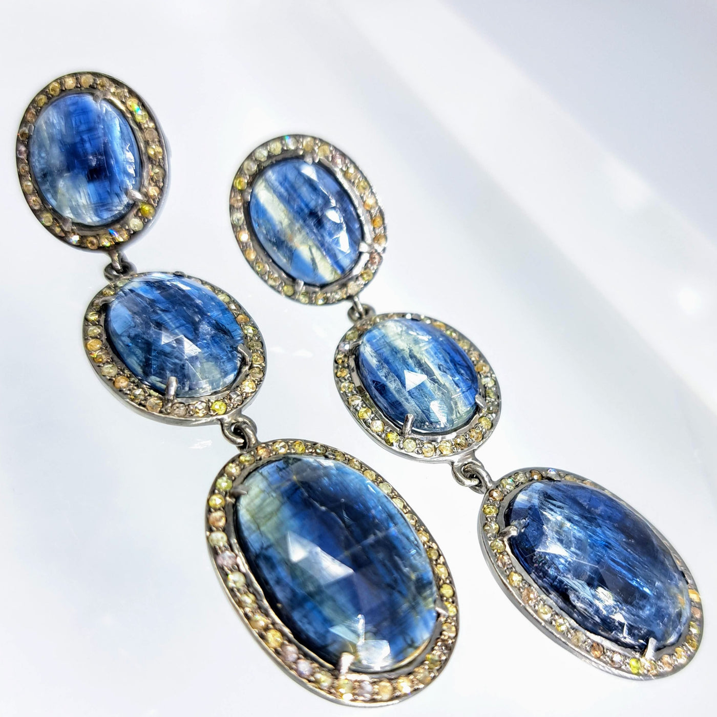 "Sapphire Seductress" Earrings - Blue Sapphire, Diamonds, Black Sterling