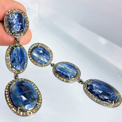 "Sapphire Seductress" Earrings - Blue Sapphire, Diamonds, Black Sterling