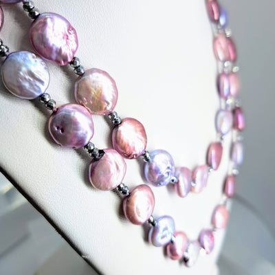"Peony Petals" 36" Necklace - Baroque Coin Pearls, Hematite, Sterling