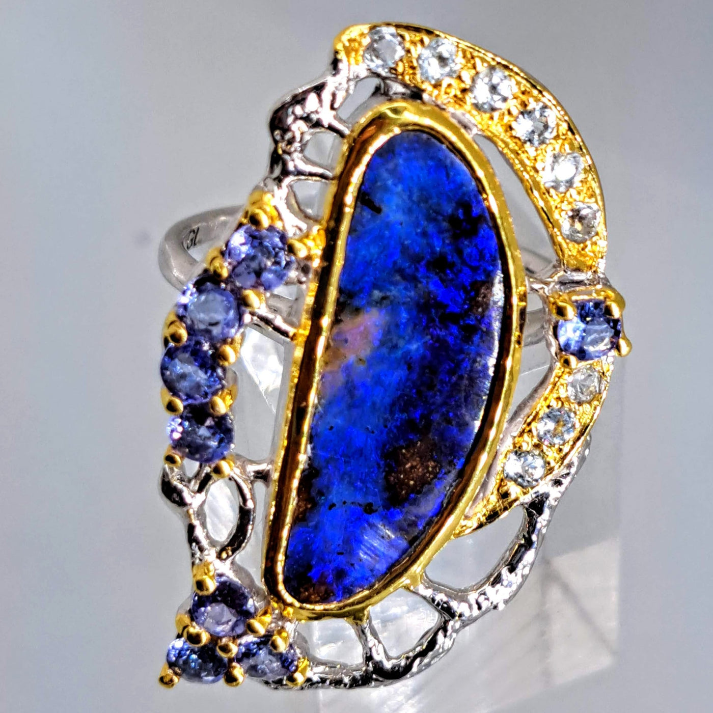 "Blue Heaven" Sz 8 Ring - Tanzanite, Boulder Opal, Blue Topaz. .925 Sterling silver and 18k gold