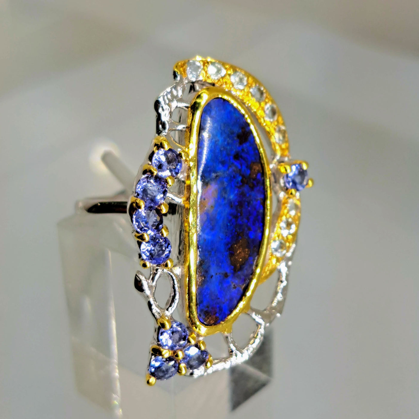"Blue Heaven" Sz 8 Ring - Tanzanite, Boulder Opal, Blue Topaz. .925 Sterling silver and 18k gold