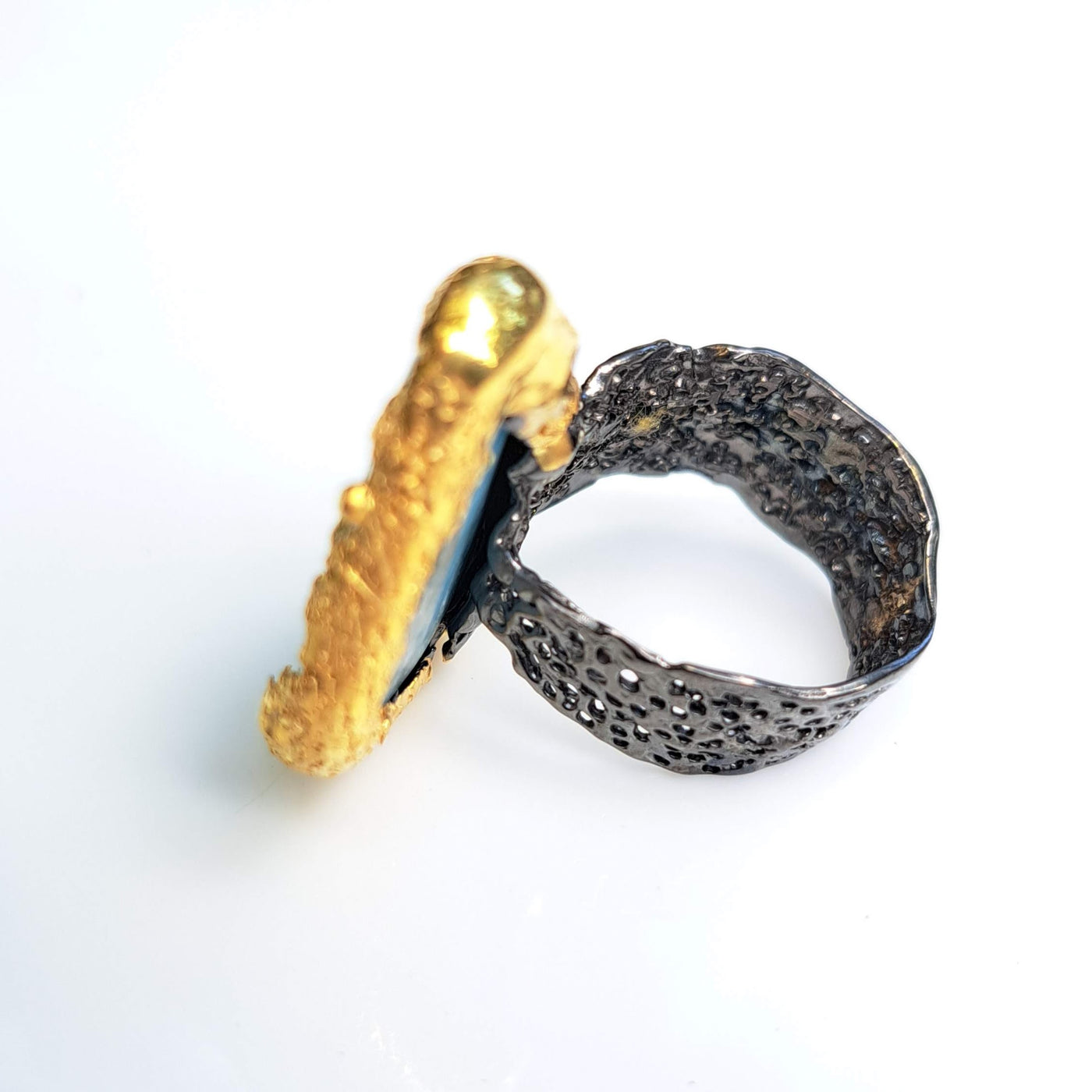 "Aguas Calientes" Sz 8 Ring - Larimar, Black Sterling, 18k Gold Sterling